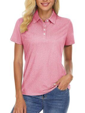 Women Pink Short Sleeve Golf Shirt 4-Button Quick Dry Collar Top for Gym